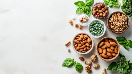 Obraz premium Clean eating theme with nuts and capsules in eco-friendly setting