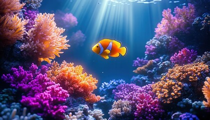 Fototapeta premium Vibrant clownfish swimming among colorful coral reef illuminated by sunlight beams underwater