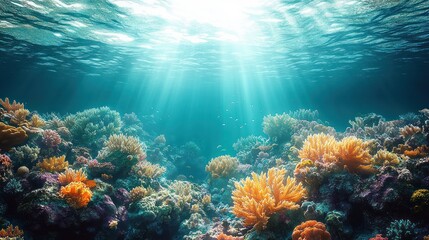 Fototapeta premium Bright underwater coral reef with diverse colorful corals illuminated by sun rays penetrating the clear blue ocean water
