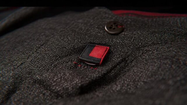 Close-up View of a Stylish Button and Embroidered Patch on Dark Fabric of a Tailored Jacket