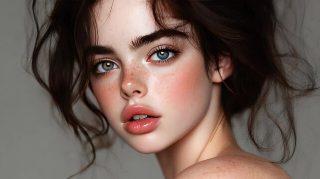 Close-up portrait of a young woman with freckles and striking blue eyes, showcasing natural beauty and soft lighting