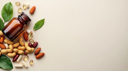 Daily wellness setup with vitamin bottle and a small pile of nuts on neutral background