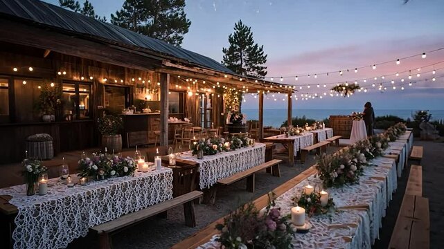 Outdoor evening event setting with wooden tables decorated with flowers and lace table runners illuminated by string lights and candles against a dusky sky and ocean view.