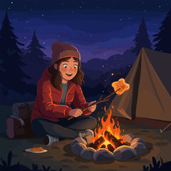 Woman Camping Roasting Bread on Campfire Under Starry Night Sky