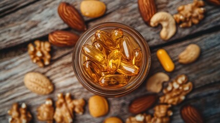 Fototapeta premium Glass jar of multivitamins with walnuts, almonds, and cashews around it