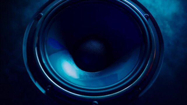 Close-up of speaker woofer with pulsing light reflection &mdash; great for music production, audio gear, or party promos.