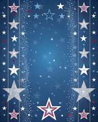 Fototapeta premium “Vertical deep blue background filled with twinkling white stars and glittery accents, celestial yet patriotic, space in center for text overlay” 