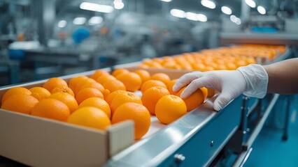 Orange sorting process food processing plant industrial production clean environment close-up view quality control techniques