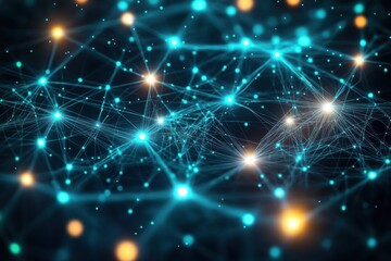 Fototapeta premium Abstract digital network with interconnected glowing nodes and lines in blue and orange hues creating a sense of connectivity and complexity