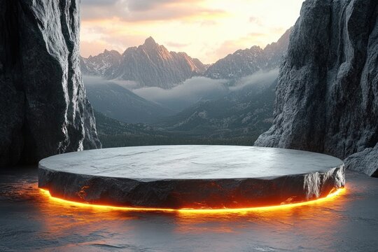 Massive flat stone platform glowing with orange light around the edges set between two towering rocky cliffs with a misty mountain range in the distance at sunset - Powered by Adobe