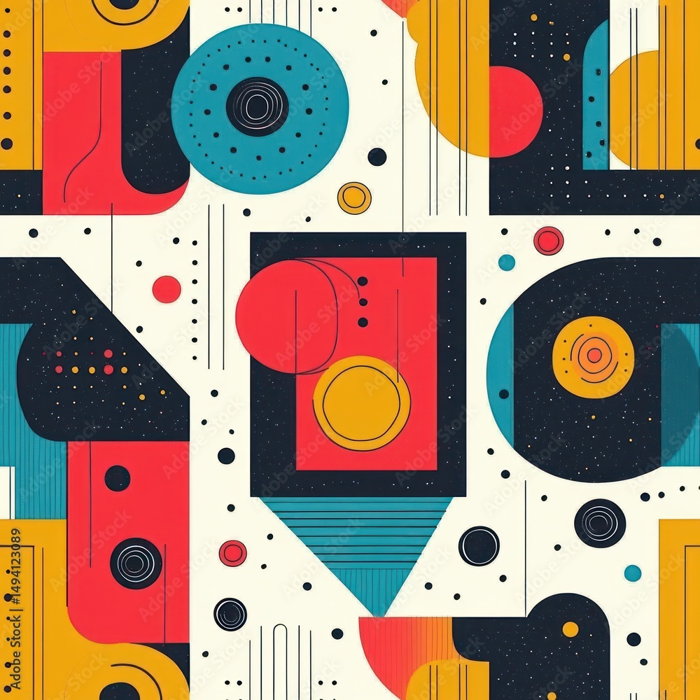 Poster abstract geometric pattern with circles, rectangles, and lines in yellow, red, blue, and black on a 