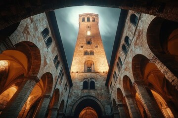 Illuminated medieval stone tower viewed from courtyard below with surrounding arched corridors under moody sky