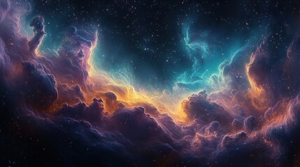 Obraz premium Vibrant cosmic nebula with swirling clouds of gas and dust illuminated in blue and orange hues against a dark starry background evoking a sense of mystery and wonder
