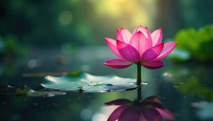 Obraz premium A single, perfectly formed lotus flower emerging from murky water, bathed in ethereal sunlight, symbolizing spiritual awakening and inner vision , closeup, ascension, enlightenment