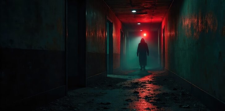 A shadowy figure lurking in a dark, dilapidated hallway, a single flickering light casting long, distorted shadows A sense of dread and impending doom permeates the image , hallway, tension, creepy