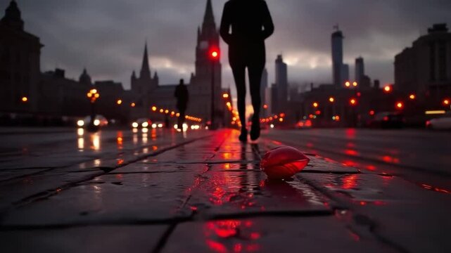 Empty city street at dusk with scattered red objects and blurred city skyline in the background
