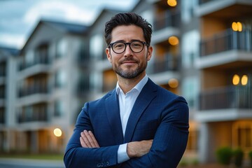 Fototapeta premium Confident young man in a blue suit and glasses standing with arms crossed in front of modern residential buildings during early evening