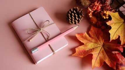 Autumnal composition with pink notebook, pencil, fall leaves and a pine cone