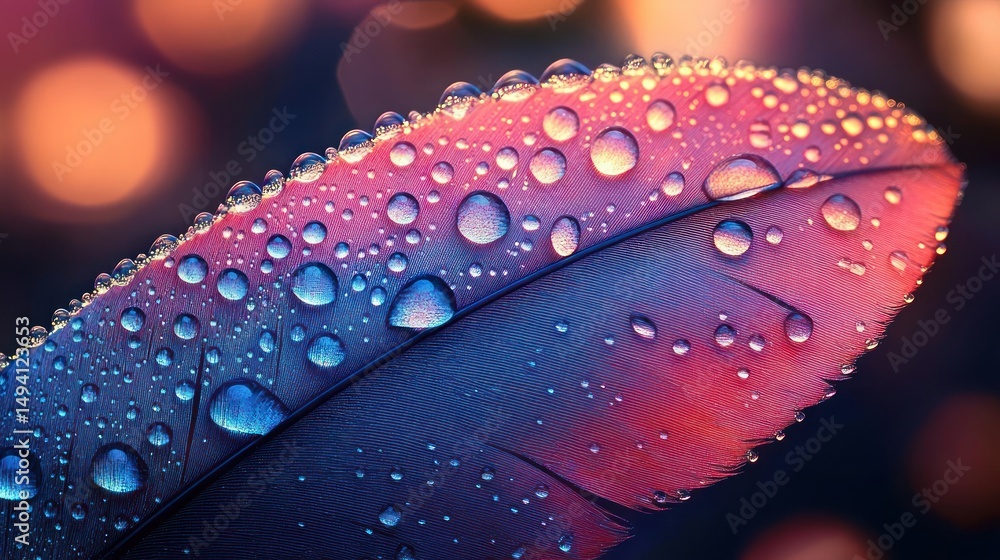 Aufkleber close-up of a colorful feather covered in water droplets with a soft, blurred warm light background 