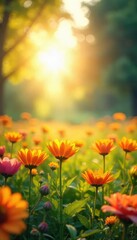 Obraz premium A vibrant sunlit scene radiating joy and contentment, suggesting inner peace and positive self-image Perfect for illustrating well-being and mental health , positive psychology, nature, resilience