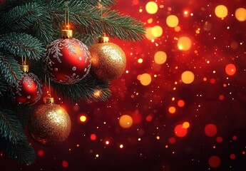 Obraz premium Close-up of red and gold Christmas baubles hanging on green pine branches with glowing warm bokeh lights in the background creating a festive and cozy atmosphere