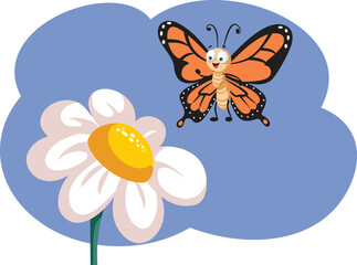 Cute Butterfly Flies to a Flower Vector Illustration. Funny adorable insect looking for nectar in a daisy 
