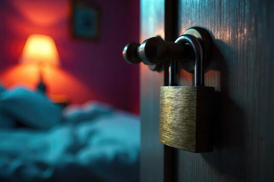 Close-up of a padlock secured to a closed bedroom door, suggesting the concept of sleep paralysis or being unable to wake up The image evokes feelings of confinement and helplessness , night, slumber
