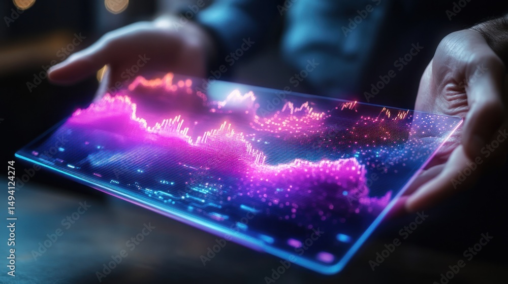 Poster futuristic data analysis: a transparent display showcases dynamic stock market trends and technologi