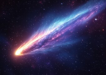 Bright comet streaking across a starry night sky with glowing colorful tail of light and cosmic dust