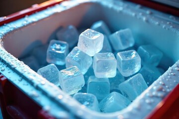 Close-up of ice cubes in a well-insulated cooler, condensation forming on the exterior, preserving the cold temperature inside , travel, icebox, preservation