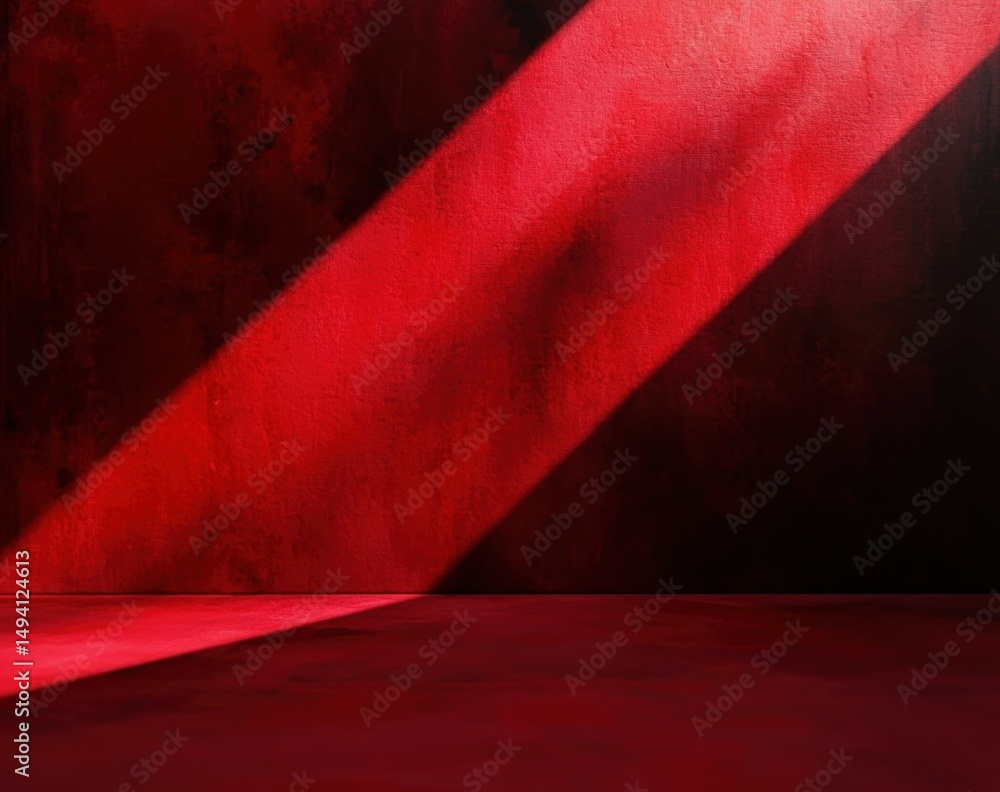 Poster dark textured red wall and floor illuminated by diagonal beam of light creating contrast and shadow