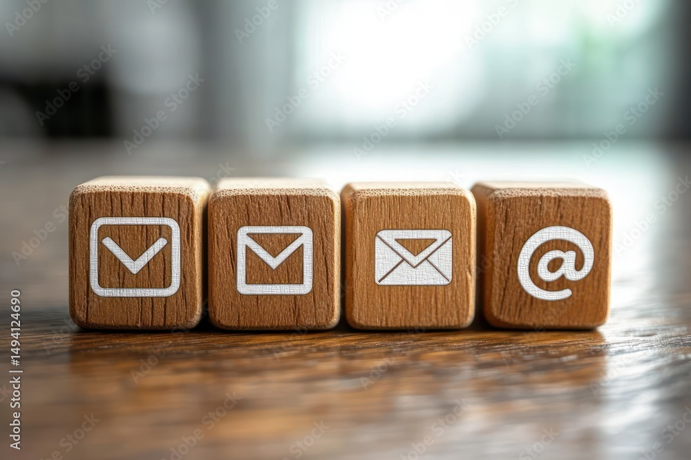 Aufkleber four wooden blocks with email and envelope icons arranged in a row on a wooden surface with a blurre