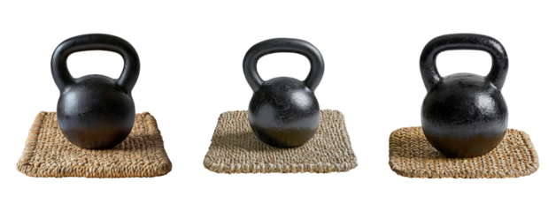 Black Kettlebells on Natural Texture Mats with Transparent Background