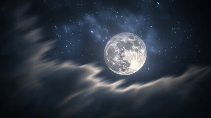 Fototapeta premium Dramatic full moon illuminating night skies with cloudscapes and starfield