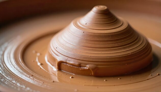 Close-up view of a textured lump of wet potter's clay, ready for shaping on a pottery wheel Rich earth tones and visible moisture show the malleable nature of the material , wheel, art