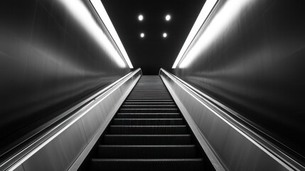 Symmetrical Escalator Ascent: A Modern Urban Exploration in Monochrome Light