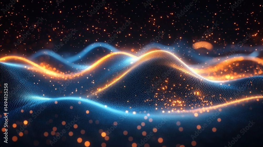 Aufkleber abstract glowing waveforms composed of blue digital grid lines and orange sparkling particles agains