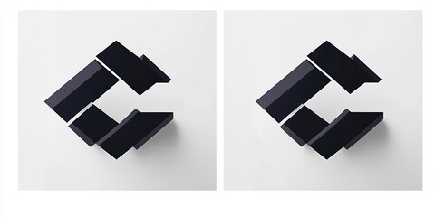 Two images of a three-dimensional black geometric shape with angular blocks casting shadows on a white surface, displayed from slightly different perspectives, evoking minimalism and abstraction