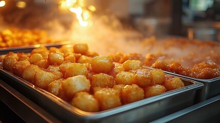 Close-up view of golden crispy tater tots steaming hot in metal trays at a food service counter