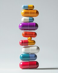 Colorful glossy capsules and pills stacked vertically in a balanced tower on a plain background suggesting health or medicine