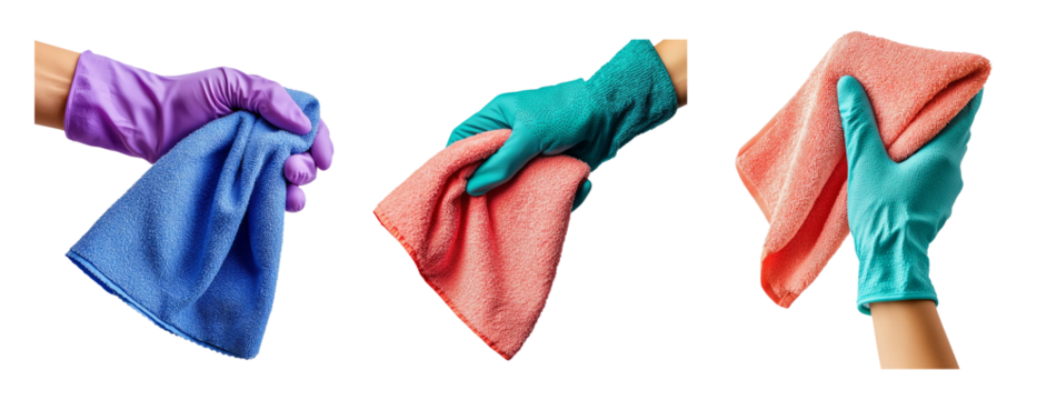 Hands with Cleaning Cloths on Transparent Background in Various Colors