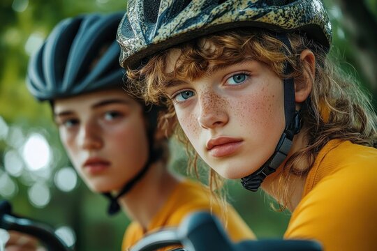 Two young cyclists wearing helmets and yellow shirts, one with curly hair and freckles looking thoughtfully into the distance, outdoors in a green blurred background