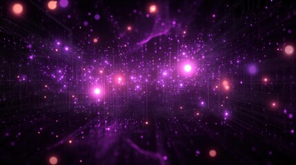Naklejka premium Glowing purple and pink light particles forming a three-dimensional grid with a futuristic and immersive digital atmosphere