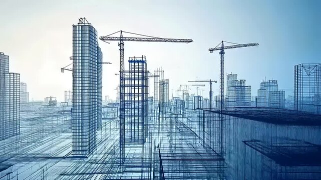 Blueprint Metropolis: A Wireframe Cityscape Under Construction