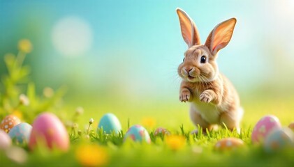 Happy Easter bunny hopping through a field of colorful eggs , cute, adorable