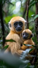 Obraz premium Mother monkey cuddling baby in jungle