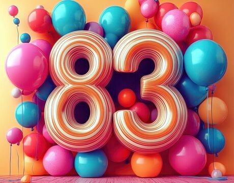 Large striped numbers 8 and 3 surrounded by vibrant pink, blue, orange, and purple balloons against an orange background creating a festive and celebratory atmosphere