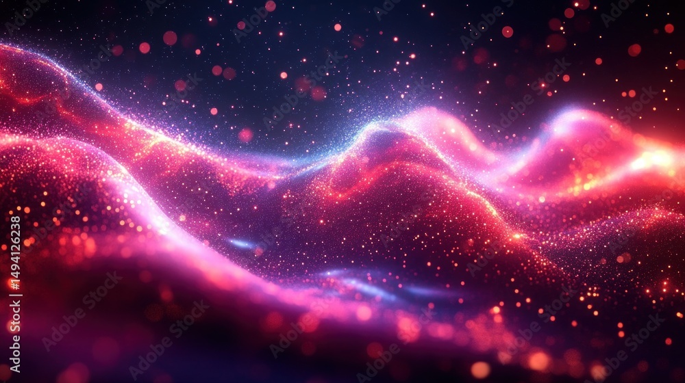 Aufkleber abstract glowing wave of pink and purple particles floating and sparkling in a dark space with vibra