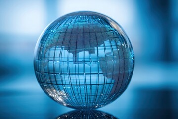 Transparent glass globe with continents outlined standing on reflective surface in soft blue lighting, symbolizing global connectivity and modern technology