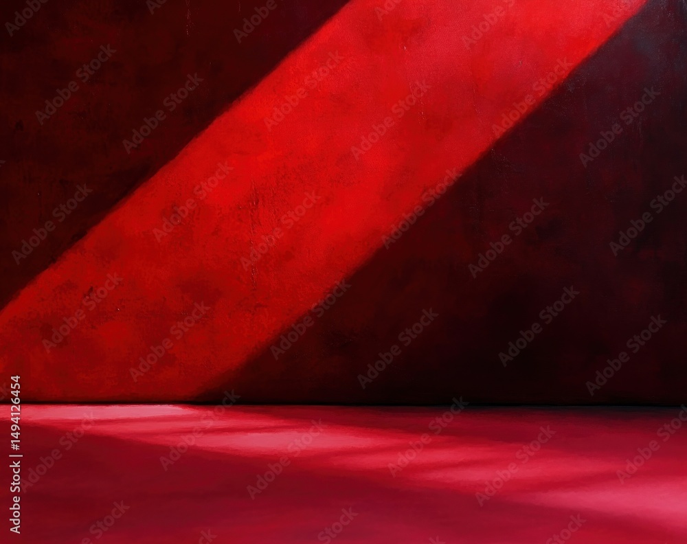 Poster abstract interior scene with bold red walls and floor illuminated by diagonal beam of sunlight casti